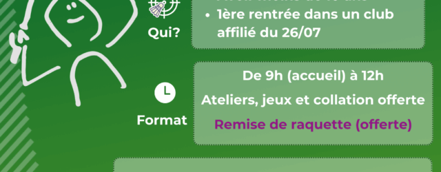 Cette saison encore l’Opération est renouvelée!! Pour tout(e) primo licencié(e) de moins de 10 ans, une animation dédiée, une collation bien méritée, et une raquette offerte . Rendez vous le […]