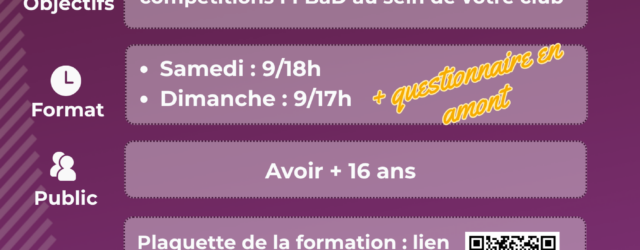 La formation Gestionnaire et Organisateur de Compétitions 1, vous permettra d’être nommé GEO sur Poona pour tout type de compétition homologuée (sauf Promobad). Les compétences visées :– Comprendre le rôle [&hellip;]